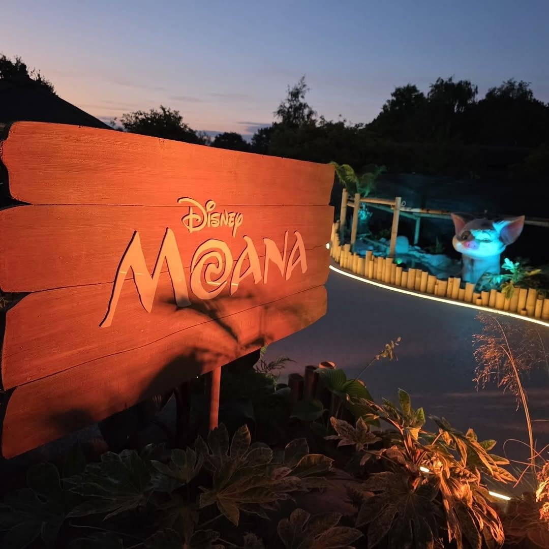 Illuminated Moana sign and lit water feature in the Little Havens hospice garden at dusk
